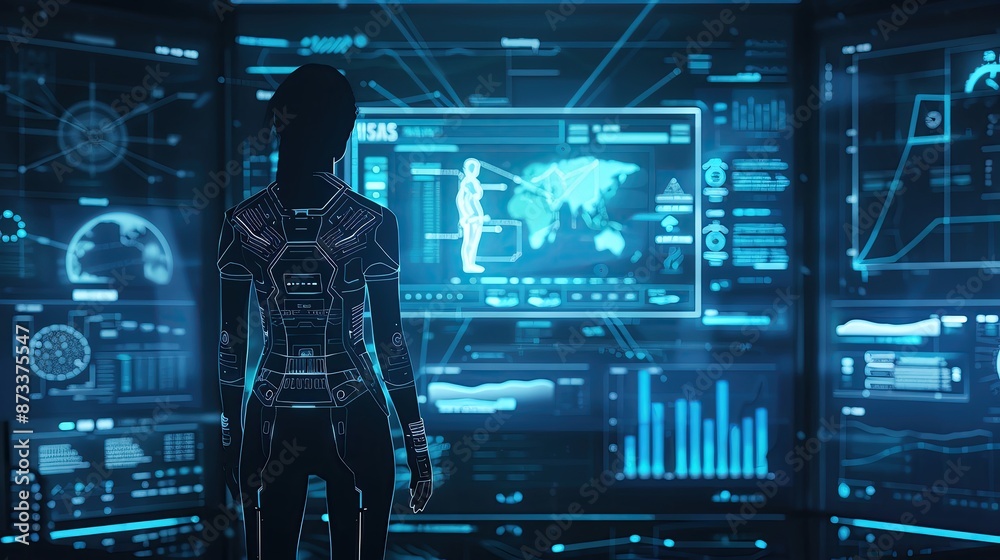 Poster futuristic scene with a person analyzing digital data on multiple holographic screens in a high-tech