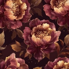 Luxurious seamless pattern of peony blossoms with gold accents on a deep, rich background, exuding opulence and sophistication