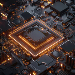 A creative glowing chip circuit hologram on a dark backdrop with a mock-up place, illustrating the CPU and metaverse concept. 3D rendering.