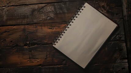 Obraz premium Spiral bound notebook on aged wooden table with blank page and dim lighting