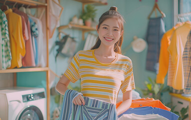 Happy  young woman holding electric steam hot iron