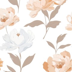 Fototapeta premium Minimalist seamless design with simplified peony blossoms in neutral tones on a clean white background, focusing on sleek, modern aesthetics