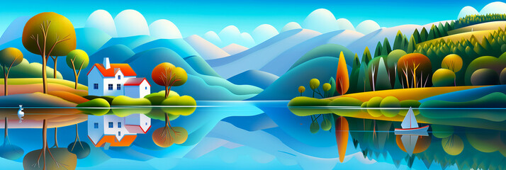 Colorful landscape illustration with mountains, trees, houses, and a sailboat on a reflective lake, depicting serene rural scenery concept