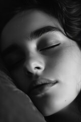 A woman is sleeping with her eyes closed. The image is in black and white. The woman's face is the main focus of the image