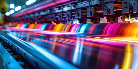 Vibrant Industrial Printing Machine in Action with Multicolor Ink Flow