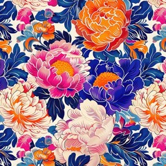 Whimsical seamless pattern of peony blossoms with playful, exaggerated forms and vibrant hues, creating a joyful, imaginative scene
