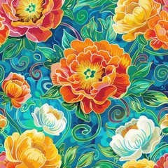 Whimsical seamless pattern with vibrant peony blossoms and playful, swirling lines, creating a cheerful, enchanting floral background