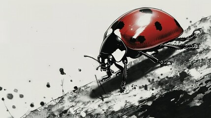 Fototapeta premium A monochrome illustration of an insect adorned with a scarlet helmet perched atop a hill