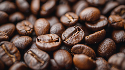 Naklejka premium Close-up, macro shot of group of roasted brown and glossy coffee beans.