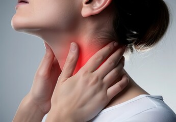 Fototapeta premium High Quality Photo of Woman Suffocating from Asthma Attack with Sore Throat and Red Spot on Neck