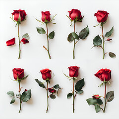 A bunch of red roses are lined up against a white wall with green leaves on it and a single stem a