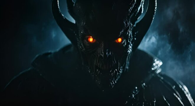Scary demon with glowing eyes and sharp horns stares menacingly in the dark, embodying evil and horror for halloween designs or spooky projects
