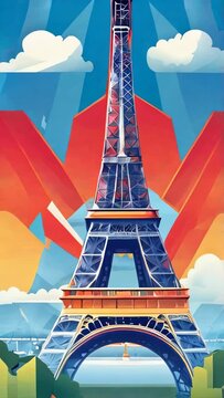 Cartoon illustration of the Eiffel Tower on the eve of the Olympic Games. AI generated