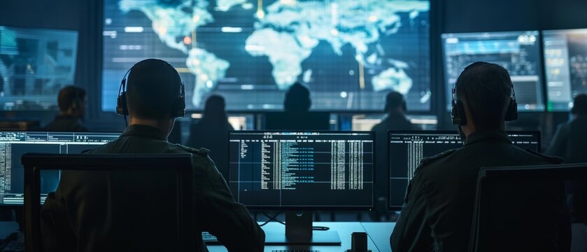 AI generator image of military personnel Currently operating in the closed-circuit control room and various systems.
