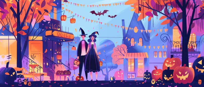 Halloween costume parade with creative outfits, spooky music, and festive decorations