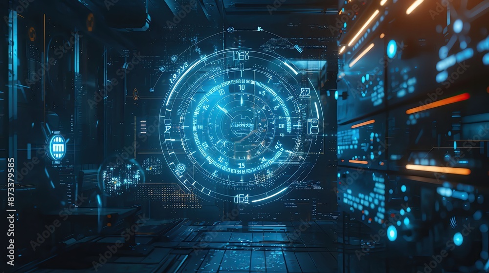 Poster futuristic digital interface with data visualization in a high-tech environment, depicting a concept