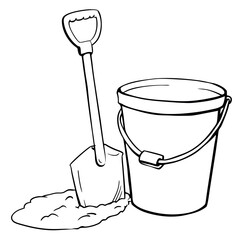 Sketch of a classic beach bucket and shovel, surrounded by soft sand and the promise of fun. © Sniezka