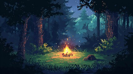 Fototapeta premium Pixel art of a dense forest with a campfire in a small clearing