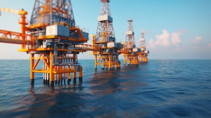 Coastal natural gas facility with offshore rigs, state-of-the-art engineering, and crystal-clear waters, combining industrial prowess with natural beauty