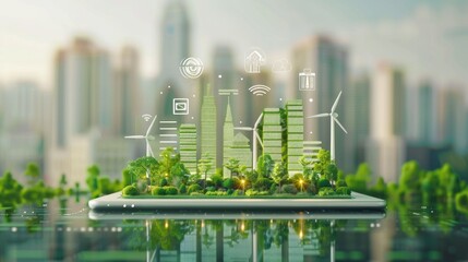 The image shows a city with green buildings and wind turbines. It is a concept image of a sustainable city. The city is built on a platform that is floating on water.