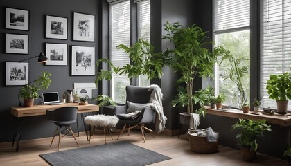 Fototapeta premium Modern Home Office with Lush Indoor Plants and Natural Light