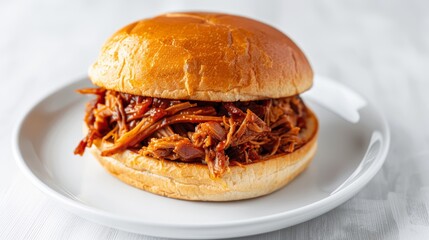 Delicious pulled pork sandwich with savory slow-cooked pork, on a white background, perfect for food advertising, focus cover all object