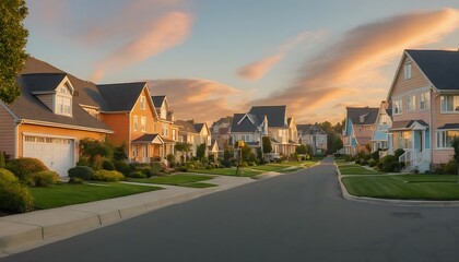 Picturesque Suburban Neighborhood at Sunset with Vibrant, Colorful Homes