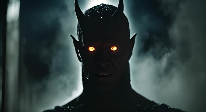 Scary devil man with glowing red eyes stands in the eerie darkness, exuding a sinister presence perfect for halloween or horror designs