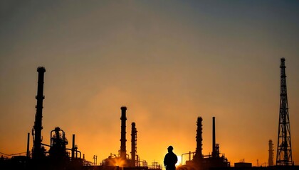 Obraz premium Silhouetted Worker at Industrial Plant During Dramatic Sunset