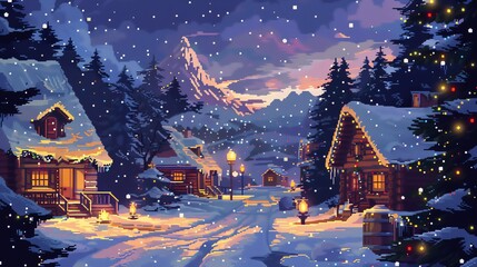 Pixelated snowy village scene with twinkling lights and cozy cabins