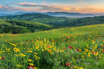Obraz premium A picturesque landscape featuring a lush green field of vibrant wildflowers with rolling hills and a stunning sunset in the background