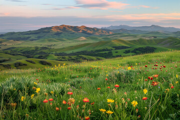 A picturesque landscape featuring lush green rolling hills with vibrant wildflowers and a stunning sunset sky in the background, capturing the serene beauty of nature in a peaceful countryside setting