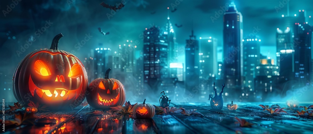 Wall mural spooky halloween rooftop party with city skyline, pumpkins, and eerie fog