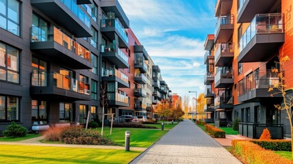Fototapeta premium Modern Apartment Complex with Green Pathway - A modern apartment complex with a green pathway leading through the middle, surrounded by well-maintained landscaping. - A modern apartment complex with a