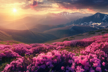 Sunset Over a Blossoming Mountain Valley: A Vivid Landscape of Pink Flowers and Majestic Snow-Capped Peaks
