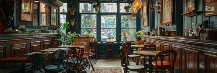 Vintage Cafe Interior with Warm Lighting and Wooden Details - A vintage cafe interior with warm lighting and wooden details, featuring tables, chairs, windows, and artwork - A vintage cafe interior wi