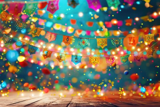 A colorful scene with many flags and lights. Scene is festive and celebratory