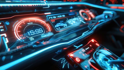 Futuristic Car Dashboard Interior - Close-up shot of a futuristic car dashboard with glowing red and blue lights. The digital display shows various information, including the time and speed. - Close-u