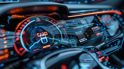 Obraz premium Futuristic Car Dashboard with Digital Display - Close-up shot of a futuristic car dashboard with a digital display showing various information and controls. - Close-up shot of a futuristic car dashboa