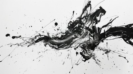 Black Ink Splashes On White Background - Black ink splatters on a white background creating an abstract design. The splatters are fluid and dynamic, suggesting movement and energy. The contrast betwee