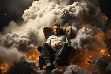 Man sitting in armchair amidst explosion and smoke