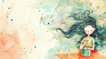 Obraz premium Girl with Book in Watercolor - A watercolor illustration of a young girl with long flowing hair, floating with a book in her hand. The artwork is dreamlike and evokes a sense of peace and imagination.
