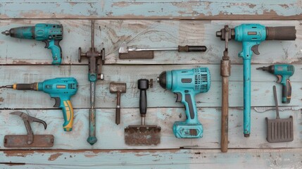 Various blue power tools are laid out on a weathered, blue, wooden plank surface