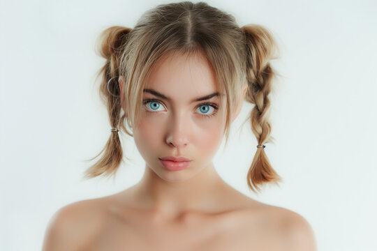 Close-up portrait of a young blonde woman with double pigtail hairstyle and serious surprised face expression, on white background