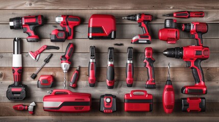 Various red power tools, including drills, drivers, and accessories, are arranged on a wooden surface