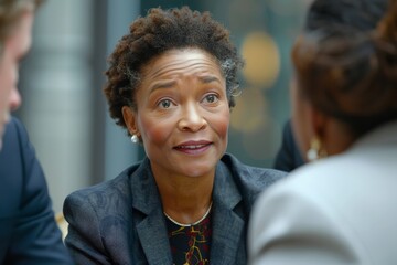 A woman with short curly hair actively participating in a business meeting with four colleagues, showcasing determination, professionalism, and active engagement in a formal work environment.