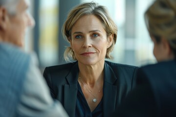 Fototapeta premium A blonde woman in business attire is engaged in a serious discussion with two other individuals. Her focused expression signifies the importance and intensity of the conversation.