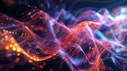 A creative digital art piece featuring a fluid blend of light trails and holographic shapes, symbolizing the evolving nature of artificial intelligence.