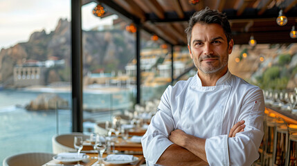 Obraz premium Confident Chef Standing in a Luxurious Coastal Restaurant with Scenic Ocean Views