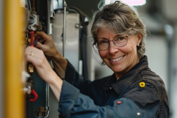 Fototapeta premium An adult woman wearing glasses and a work uniform is smiling while adjusting a machine in a workshop, highlighting skilled labor and dedication.